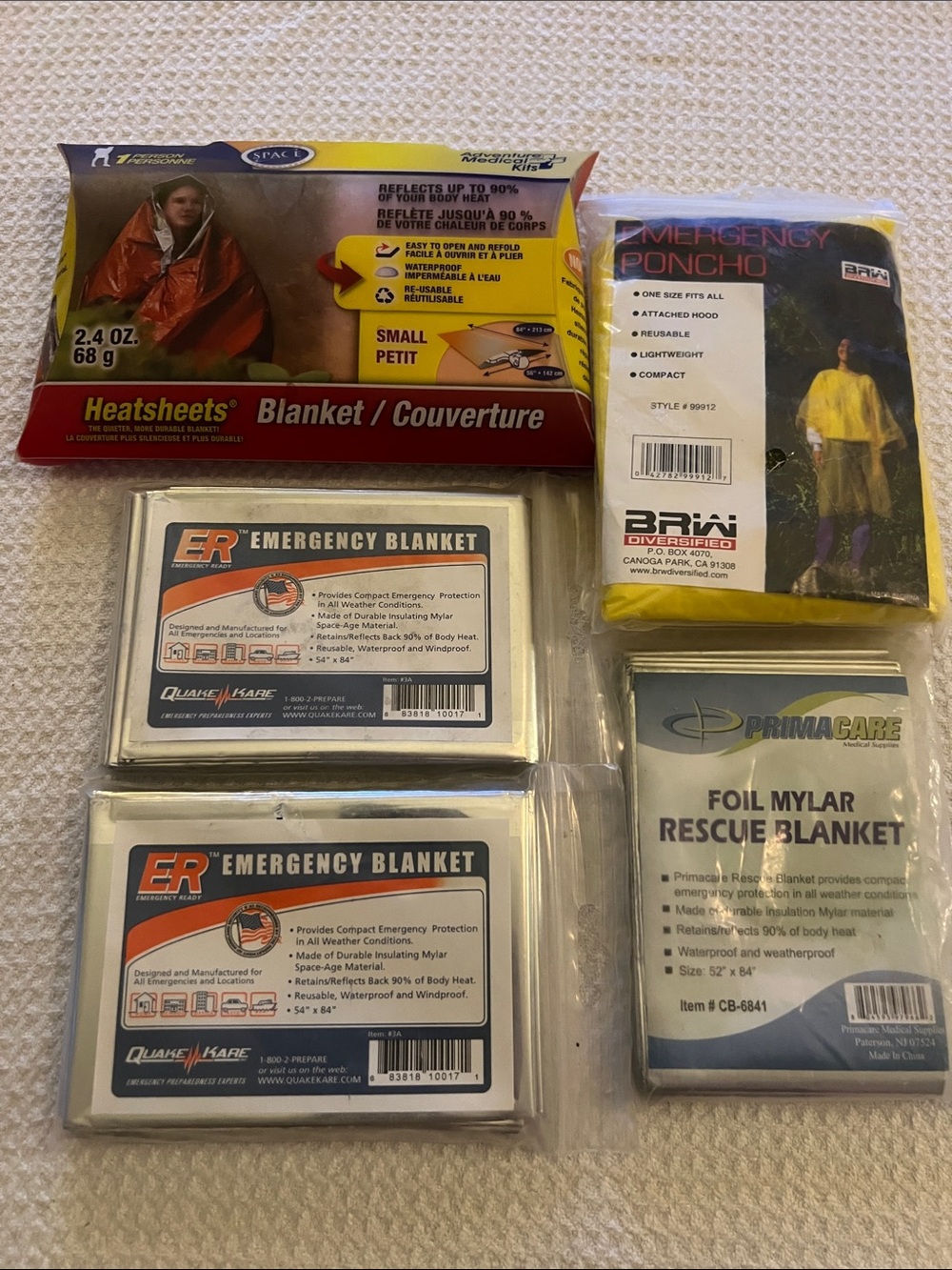 Emergency Blankets - Foil Mylar Rescue Blanket lot and poncho